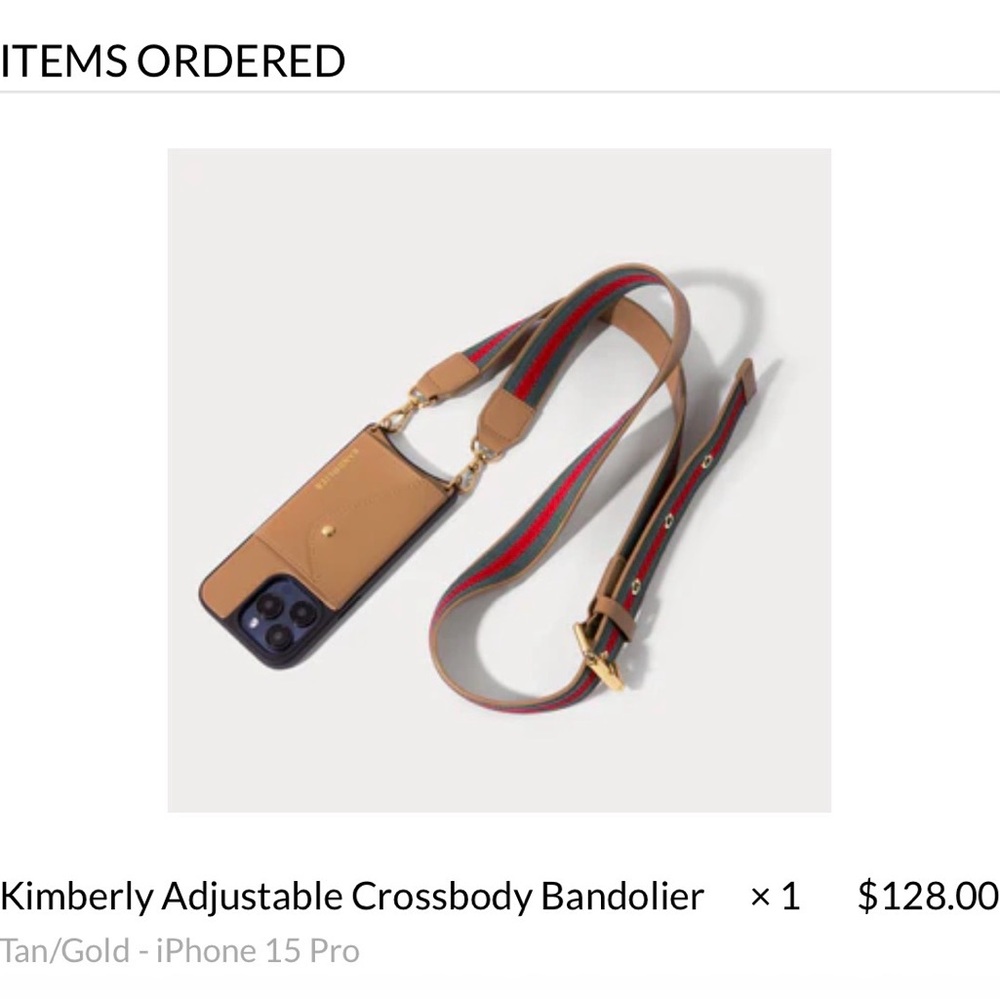 Bandolier Kimberly Crossbody Phone Case Tan with Red & Green Stripe Strap